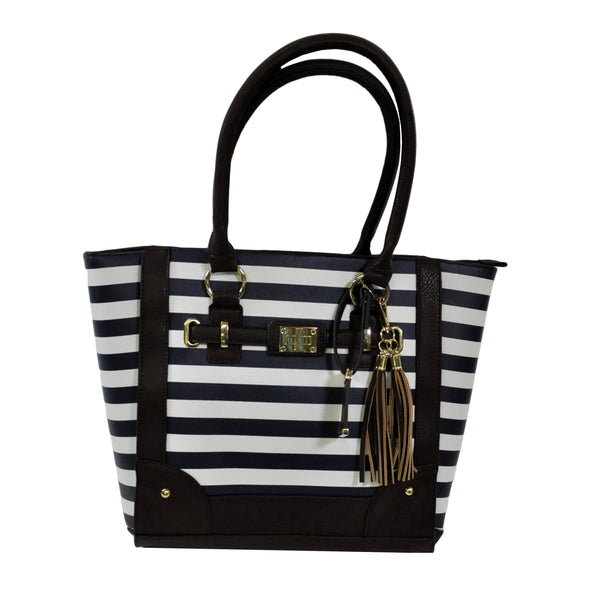 Bulldog Tote Style Purse With Holster F/Small Handguns, Navy Stripe Faux Leather