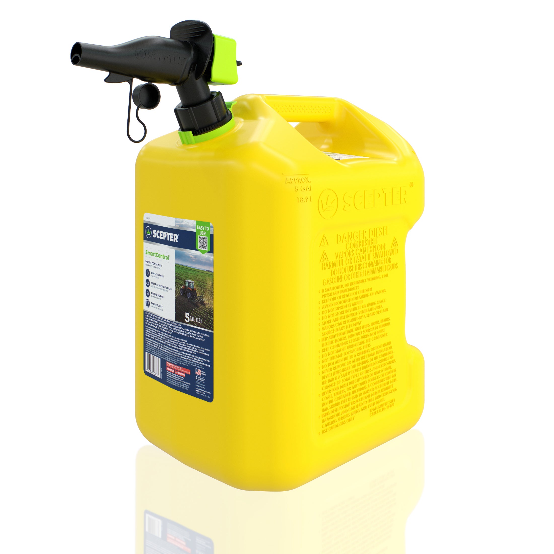 Scepter SmartControl Rear Handle Diesel Gas Container Jug, 5 Gal/18.9L, Yellow