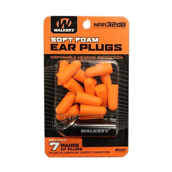 Walker's Foam Ear Plugs With Black Aluminum Carry Canister 7 Pairs